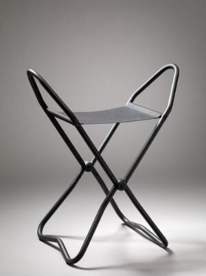  "Stockholm II" by Hans Ehrich, a modern chair design featuring form-bent steel tubes and a flat inorganic fabric seat against a gradient gray background.