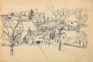  Pen and pencil sketch titled "Småby" by Erling Viksjø, showing a detailed and dense collection of European-style buildings including various rooftops, towers, and steeples on a light beige paper background. The lines are fine and display a hand-drawn quality with shading achieved through hatching and crosshatching techniques.