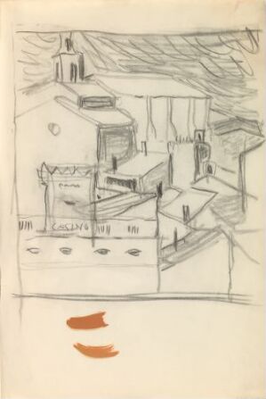  Architectural drawing by Erling Viksjø titled "Utsikt til taklandskap", showing a freehand sketch of a building with various windows on a flat roof, surrounded by other abstract building forms in monochromatic tones with two small red-orange strokes near the bottom on off-white paper.