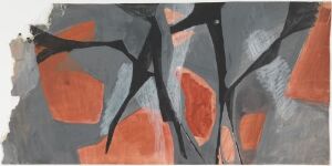  Abstract architectural watercolor and gouache drawing titled "Studie" by Erling Viksjø on paper. It features broad sweeps of gray background with organic black lines overlaid, interspersed with vibrant red-orange irregular shapes suggestive of architectural forms or elements.