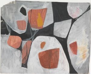  Abstract architectural study by Erling Viksjø titled "Studie," with an array of interlocking organic shapes in shades of grey, white, and black, with accents of red, orange, and yellow, rendered in watercolor, gouache, and pencil on paper.