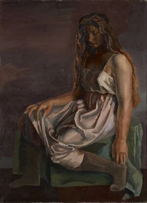  "Oil painting on canvas by Alf Rolfsen depicting a seated woman in a draped garment, with a dark, wavy hair, against a dark and earthy toned background, conveying a sense of introspection and calm."