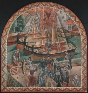  “In the Harbour,” a semi-circular oil painting by Axel Revold on a wood fiber board, featuring a vivid scene of bustling harbor life with various sailing vessels and active figures, enclosed within a decorative red and yellow geometric border.