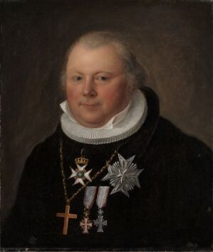  Oil portrait painting "Biskop Bech" by Jacob Munch on canvas showing a dignified man with fair complexion and rosy cheeks dressed in black ecclesiastical robes with white neckband, wearing several silver star-like medallions and a cross, rendered in muted earthy tones with