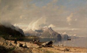  Oil painting on canvas by Georg Anton Rasmussen showcasing a tranquil fjord with rocky shores in the foreground, a group of people to the left, a solitary boat on the water, and towering mountains in the background under a softly lit sky.