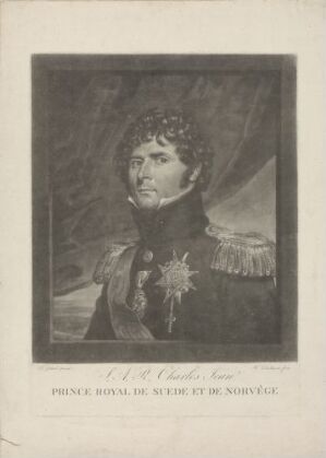  A monochromatic mezzotint print on paper by William Dickinson titled "Karl Johan, kronprins av Sverige og Norge," showing a half-length portrait of Crown Prince Charles John of Sweden and Norway in military attire, adorned with decorations and medals, looking at the viewer with a dignified expression against a subtly shaded background with a draped curtain. The image is rendered in shades of grey highlighting the textures and depth of the subject's features and clothing.