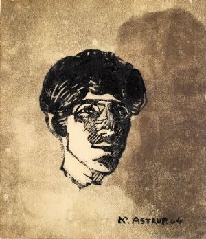  "Small Self Portrait" by Nikolai Astrup, a sepia-toned print on paper showcasing the artist's face in bold lines against a mottled brown background with the signature "N. Astrup 06" at the bottom.