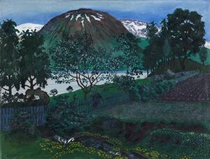  "A Night in June in the Garden," a fine art print by Nikolai Astrup, showcasing a dark nighttime garden scene with lush vegetation in the foreground, a peaceful body of water reflecting the dusky sky, and a central mountain peak with touches of snow under a gradient night sky.