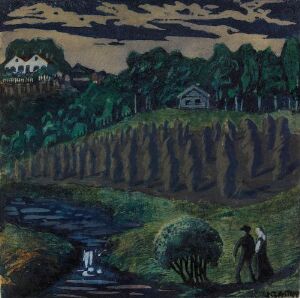  "Small Corn Sheaves" by Nikolai Astrup is a fine art print depicting rural life. The foreground shows a path with a green tree and white figures. Middle-ground features rows of golden corn sheaves, with a white house nestled above. The background includes a larger building and a tree line beneath a dark, swirling sky. The scene combines dark greens and blues with bright whites and golds, offering both tranquility and liveliness.