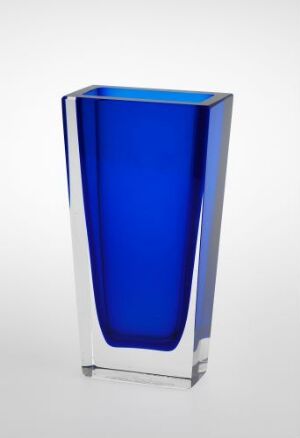  A rectangular cobalt blue glass vase by Severin Brørby using overfangsglass technique, where a vibrant blue core is encased in a clear outer layer, creating a striking contrast and modern look.