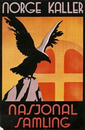  Propaganda poster titled "Norge Kaller" by an unknown artist depicting a black eagle silhouette in mid-flight against a red and white stylized flag, with the text "Nasjonal Samling" at the bottom, symbolizing a wartime call to action.