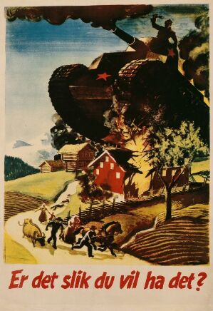  "Er det slik du vil ha det?" – A color lithograph by Harald Damsleth depicting a traditional red Norwegian farmhouse set in a sunny, verdant rural scene with two adults, a child, and a horse in the foreground; the tranquility is juxtaposed with an ominous shadow of a swastika that looms over part of the landscape, indicating a menacing presence over the idyllic setting.
