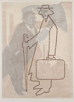  A stylized and abstract fine art print by Tom Gundersen titled "Dag Solstad," featuring a dashed-line drawing of a man with simplified facial features wearing a hat and glasses, holding a cane, and standing next to a suitcase, set against a light beige background.