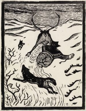  "Sleighride" by John Savio, a black and white woodcut print on paper, depicting a person on a traditional sled being pulled by a leaping reindeer with large antlers, set against a simple representation of an Arctic landscape.