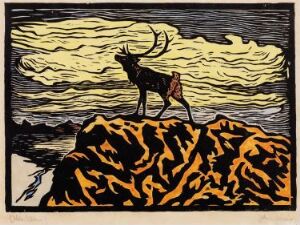  "Alone" by John Savio, a hand-colored woodcut on paper displaying a single reindeer standing on a cliff with vivid orange and yellow patterns resembling fire or flowing lava, against a backdrop of swirling yellow clouds in a dark sky, capturing a moment of solitude.