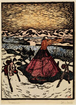  Hand-colored woodcut print "Early Summer" by John Savio on paper, featuring a Sámi woman in a traditional red dress looking toward a sunset with yellow and orange tones reflecting on water, accompanied by a child on a rocky shoreline.