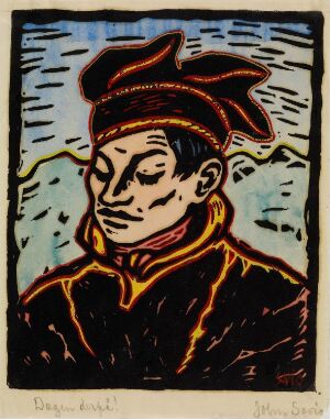  A hand-colored linocut print titled "The Morning After" by John Savio, depicting a profile of a pensive person with closed eyes, wearing an orange head cover and dark clothing with yellow highlights, against a textured background of vertical blue lines.