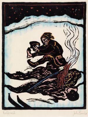  "Coffee Break I" by John Savio presents a hand-colored woodcut print depicting two figures sharing a warm drink beside a small fire, with snowflakes falling in a deep blue sky, enclosed within a contrasting border.