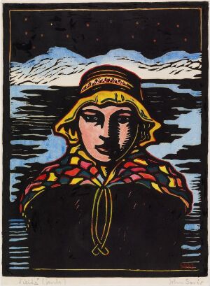  "Girl" - a hand-colored woodcut print on paper by John Savio, depicting a stylized portrait of a young woman in a colorful traditional headscarf and garment against a backdrop of a starry night sky and distant snowy mountains. The artwork is rendered with a bold use of colors, including deep blues, blacks, whites, and touches of red, yellow, and gold.