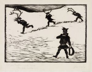  "Boys with Lasso" by John Savio is a black and white woodcut print on paper that features three figures in a sloped landscape, two of whom are dynamically captured in the act of swinging lassos while the third stands firmly in the foreground holding a lasso. The piece is characterized by strong contrast and bold lines conveying movement and action.