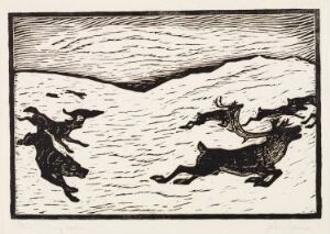 Alt-Text: "Wolf and Reindeer I" by John Savio, a woodcut print on paper, showing a dramatic monochromatic scene of a wolf in pursuit of a leaping reindeer set against a backdrop of a simplified snowy landscape with a textured sky.