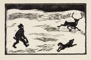  "The Driving Reindeer" by John Savio - A woodcut print featuring the bold silhouette of a person in motion, a leaping reindeer, and a small dog-like figure against a background of rolling hills, rendered in stark black and white on paper.