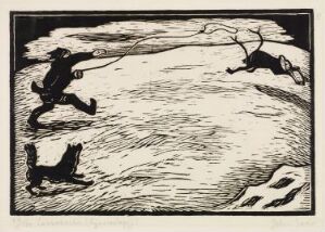  "The Lasso Thrower" by John Savio, a black and white woodcut print showing a stylized figure in motion, throwing a lasso towards a running reindeer on a textured, snow-like ground, demonstrating a strong graphic contrast and a sense of dynamic movement.