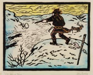  "Wolf, Sami, Reindeer" by John Savio is a hand-colored woodcut on paper depicting a Sami figure in traditional dark clothing with red details, pointing a spear at a startled reindeer in a snowy landscape, with a yellow-toned sky above and a sparse tree to the left.