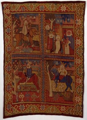  Historic handwoven tapestry titled "De hellige tre konger" by an unidentified artist, featuring richly colored scenes with human figures and animals in a narrative layout, bordered by detailed ornamental patterns.