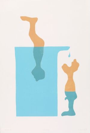  "Fortrengning" by Eli Hovdenak - An abstract colored woodcut print on paper featuring a bright blue rectangle mimicking a water container with an inverted turquoise silhouette of a leg extending from it, alongside an inverted mustard yellow silhouette of a figure facing the blue shape, with a singular blue droplet beneath.