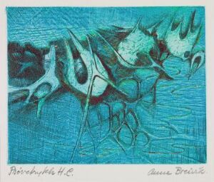  An abstract visual artwork by Anne Breivik, with a title of "Ukjent tittel," featuring dynamic, organic shapes in turquoise and white etched against a deep teal background, giving an impression of movement and depth, signed by the artist on the lower right.