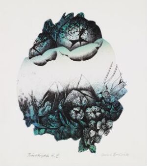  "Ukjent tittel" by Anne Breivik, a circular copperplate engraving and etching on paper, featuring a dreamlike amalgamation of blue-shaded organic forms reminiscent of underwater scenes or botanical cross-sections, bordered by white space.