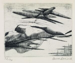  A monochromatic etching on paper by Anne Breivik, featuring two stylized seagulls in flight with one bird detailed and the other more abstract against a minimal background, signed by the artist.