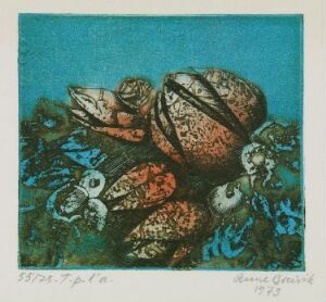  A copperplate print and etching entitled "Ukjent tittel" by Anne Breivik, featuring a central image of a walnut shell in warm browns with shades of blue and white organic shapes and coral-like forms surrounding it against a teal blue background, signed by the artist in 1973.