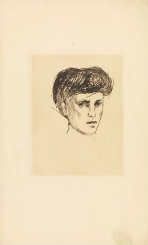  "Head of a Woman" by Edvard Munch, a drypoint sketch on cream-colored paper, depicting the contemplative expression of a woman with delicate lines forming her features and hair.