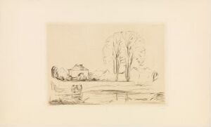  A monochromatic drypoint print on paper titled "From Åsgårdstrand" by Edvard Munch, featuring a tranquil landscape scene with a body of water, a cluster of trees on each side, a small house in the distance, all depicted in fine, delicate lines on cream-colored paper.