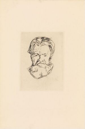  "Head of a Man" by Edvard Munch, a black and white drypoint print on paper of a middle-aged man's head and shoulders with a contemplative expression, characterized by deep lines and a textured beard, against a plain background.