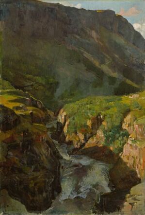  "Landscape painting by Gerhard Munthe, featuring a tumultuous river running through a narrow mountainous gorge with rocky cliffs adorned in earthy tones and patches of green vegetation, highlighted by the sun coming from the upper left."