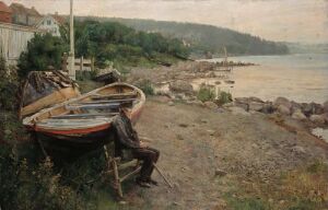  Oil on canvas fine art painting by Hans Heyerdahl depicting a contemplative figure seated near two overturned boats on a rocky shoreline, with a calm expanse of water and a distant coastline under a peaceful sky.
