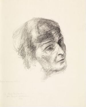  Lithograph on paper known as "Agnes Mowinckel" by Henrik Sørensen, depicting the side profile of a contemplative individual in grayscale, showcasing the intricate interplay of light and shadow.