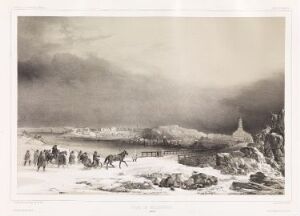  Black and white lithograph titled "Helsingfors" by Barthélémy Lauvergne, showing a wintry scene of Helsinki with figures on a snowy ground, a rugged outcrop on the right, and a hazy city skyline in the background, all rendered with a nuanced palette of grays.