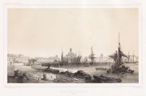   "Havnen i Helsingfors" by Barthélémy Lauvergne, a sepia-toned lithograph depicting a historical harbor scene in Helsinki, Finland, with detailed ships and buildings along the shoreline, set against a calm sky.