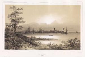  "Vue de Sveäborg (Finlande)" by Barthélémy Lauvergne, a sepia-toned lithograph depicting a tranquil harbor with buildings and ships in the distance, a calm reflective body of water in the center, and a rugged shoreline with a pine tree on the left.