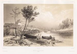  Lithograph titled "Borgå (Finland)" by Barthélémy Lauvergne, featuring a detailed riverside landscape with a tall pine tree, a rowboat on the shore, figures near the river, and a quaint village with a church spire in the background, rendered in soft sepia tones.