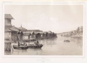  Lithographic print titled "Borgå, utsikt nr. 2 (Finland)" by Barthélémy Lauvergne; a serene 19th-century riverside scene of Porvoo with boats and traditional buildings under a light sky.