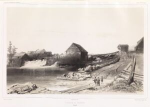  Monochromatic lithograph by Barthélémy Lauvergne entitled "Foss i Högfors," depicting a serene rural scene with a large traditional building, possibly a mill, next to a waterfall or rapids. In the foreground, two figures stand by a bank strewn with logs, while trees line the far bank, and a wooden barrier is visible to the right. The composition, in grayscale, uses shading and contour lines to convey texture and depth.