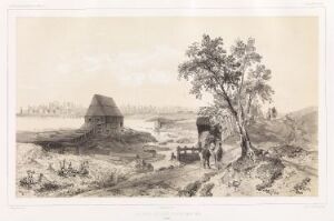  "Frugård, 8.november 1839 (Finland)" by Barthélémy Lauvergne is a lithograph on paper showcasing a monochrome rural landscape with a thatched-roof cottage at the center, a bare tree to the right,