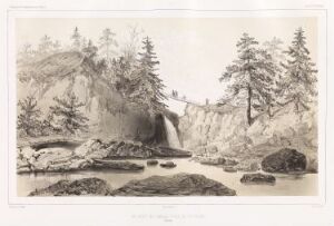  Monochrome lithograph "Djevelbroen, nær Frugård (Finland)" by Barthélémy Lauvergne, depicting a natural bridge over a waterfall in a serene, forested landscape with detailed shading and texturing to represent the tranquility of nature.