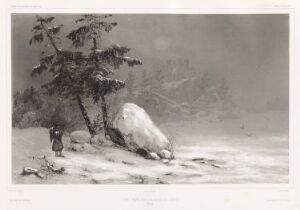  "Områdene rundt Viborg" by Barthélémy Lauvergne is a 19th-century lithograph depicting a wintery landscape scene with a large boulder and a coniferous tree in the foreground, and faint silhouettes of trees or hills in the misty background, rendered in shades of gray.