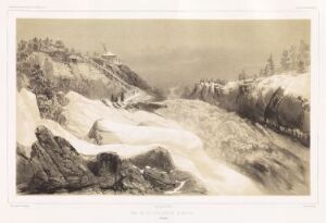  "Imatra-fossen" by Barthélémy Lauvergne, a lithograph on paper representing the Imatra Falls in shades of gray. The artwork features cascading water in the center, surrounded by rocky cliffs and sparse vegetation, invoking a sense of natural power and serene beauty.